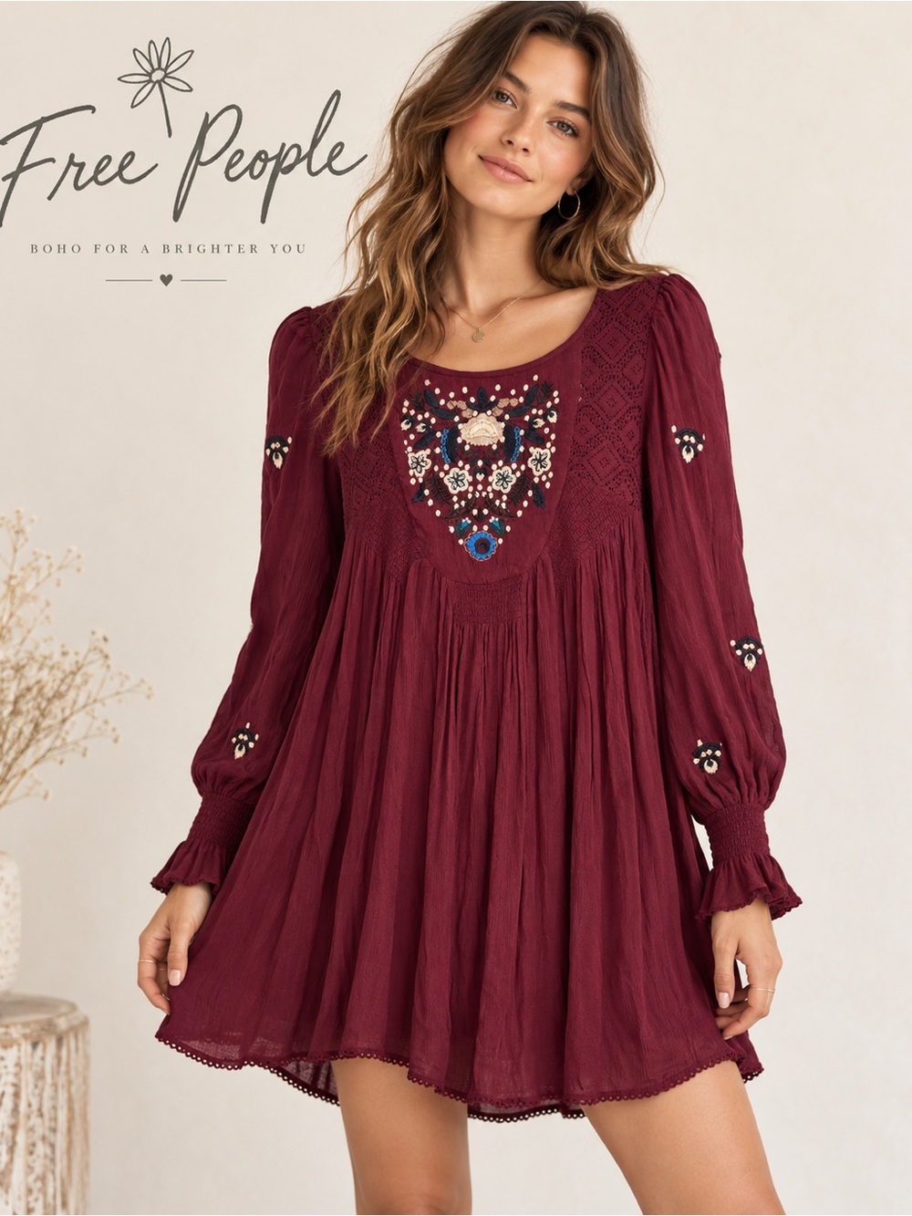 Free People Wine Embroidered Boho Mini Dress